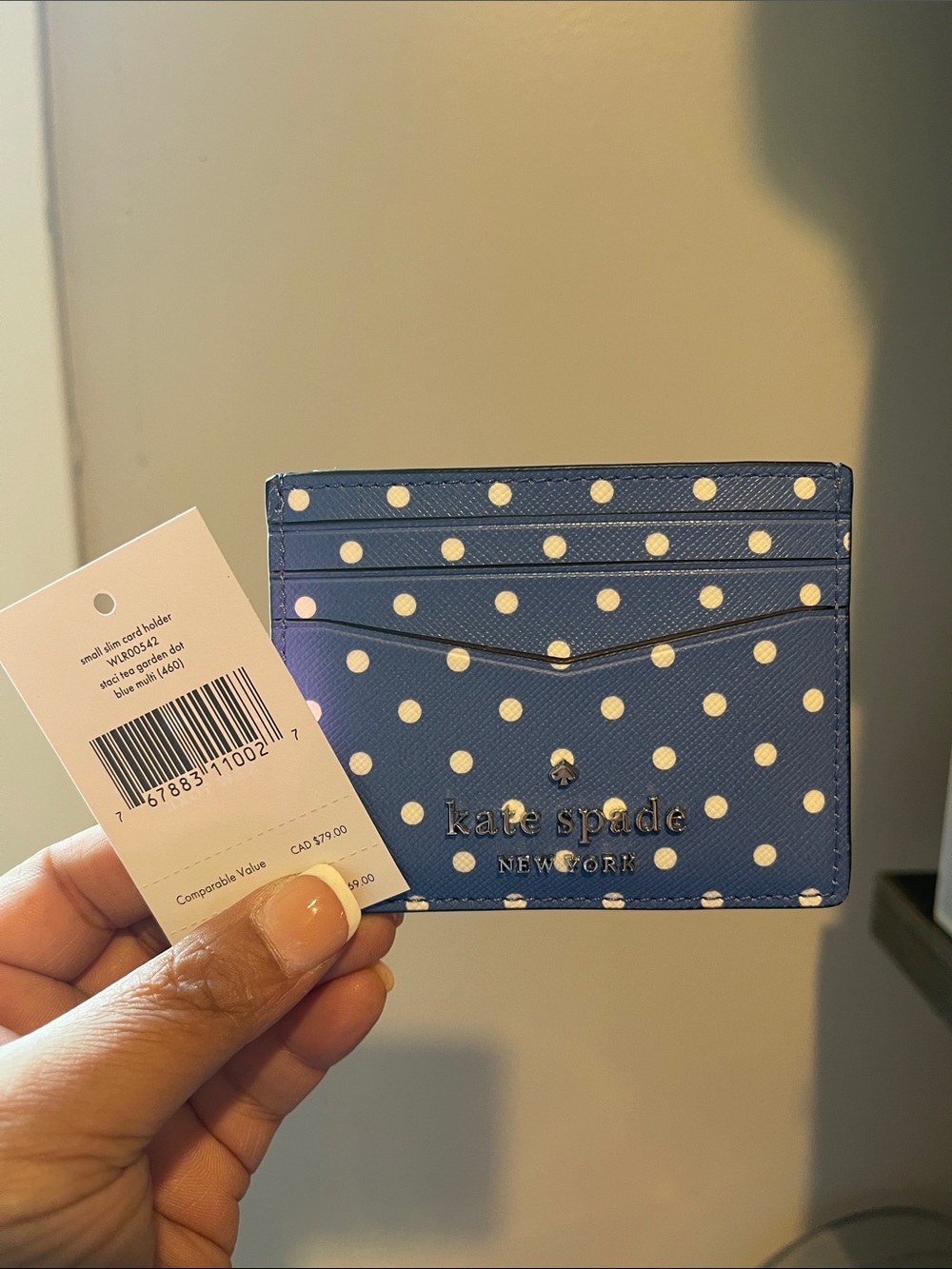 kate spade Blue Polka Dot Card Case with Gold Logo